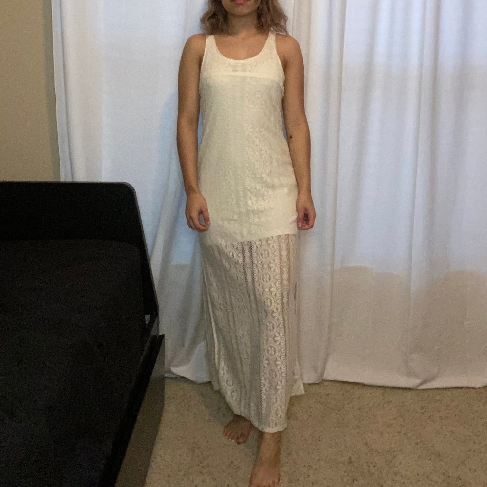 Creme/Beige Lace Overlay Maxi Dress | Small